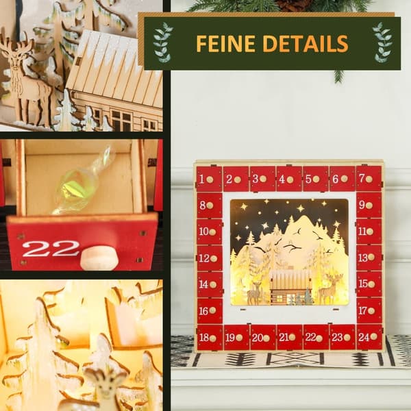 Adventskalender, 34x7x34 cm, Rød