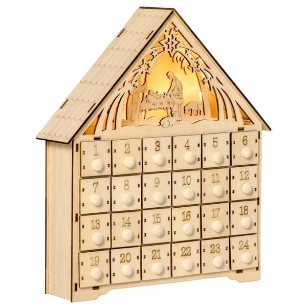 Träadventskalender, Hus Tema, 24 Nedräkningslådor, Belyst Design,26.6x6x30 cm, Trä Naturlig