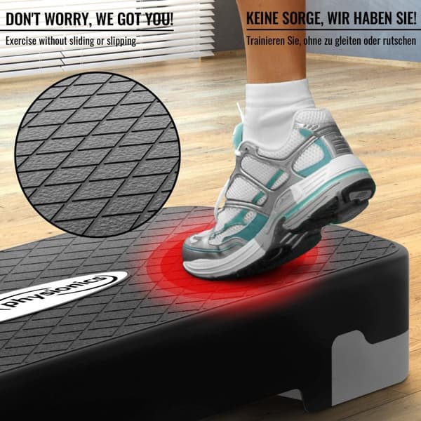 Physionics - Aerobisk Fitness Stepper - Justerbare Højder - Kapacitet 200 Kg - Sort & Grå - 68 x 28 x 15 cm.