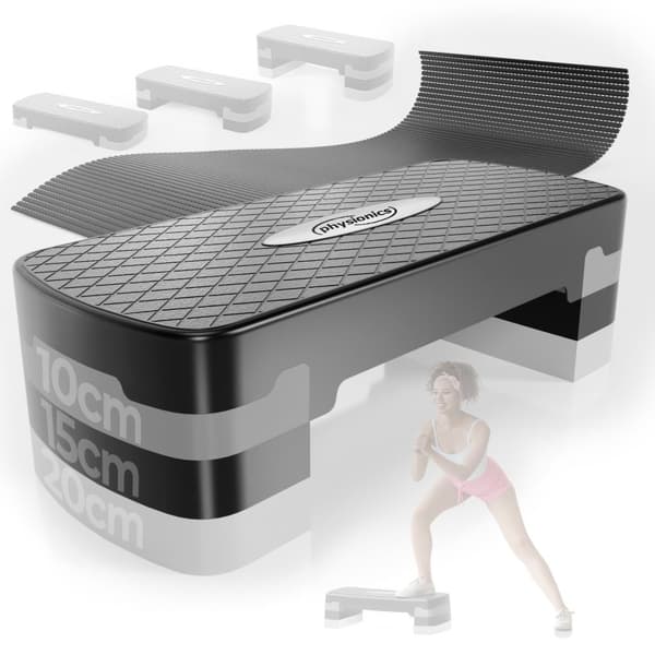 Physionics - Aerobisk Fitness Stepper - Justerbare Højder - Kapacitet 200 Kg - Sort & Grå - 68 x 28 x 15 cm.