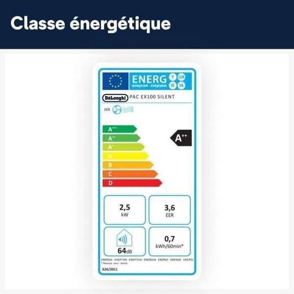 DELONGHI Mobil luftkonditionering - PAC EX100 SILENT - 2500W - 10000BTU/h - ClassA++ - EER3
