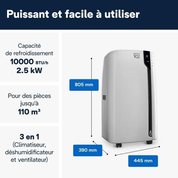 DELONGHI Mobil luftkonditionering - PAC EX100 SILENT - 2500W - 10000BTU/h - ClassA++ - EER3