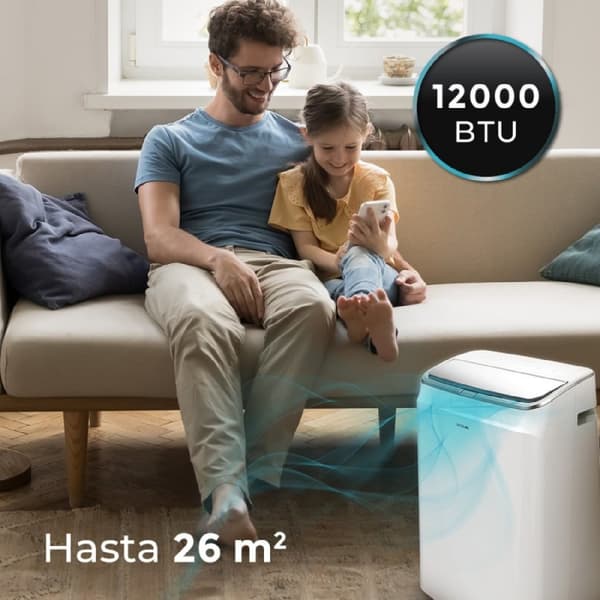 Cecotec 12000 BTU portable air conditioner with heat pump and remote control.