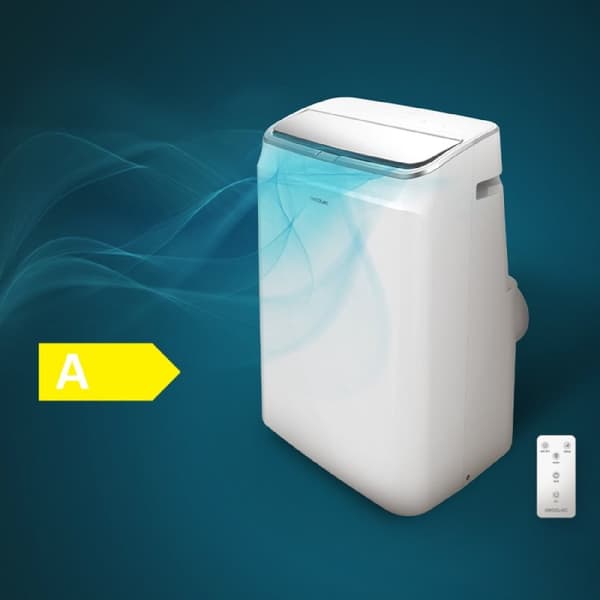 Cecotec 12000 BTU portable air conditioner with heat pump and remote control.