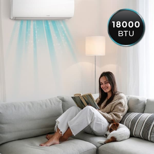 Cecotec 18000-BTU split air conditioner with heat pump, remote control, and LED display.