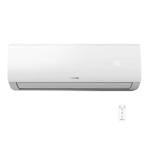Cecotec 9000-BTU split air conditioner with heat pump, remote control, and LED display.