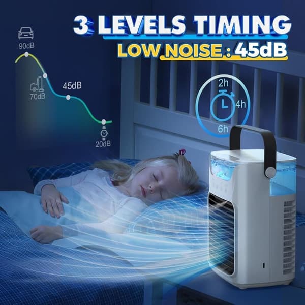OBOSOE Bärbar Luftkylare – 700ml Vattentank, 3 Hastigheter, Timer, 7 LED-lampor