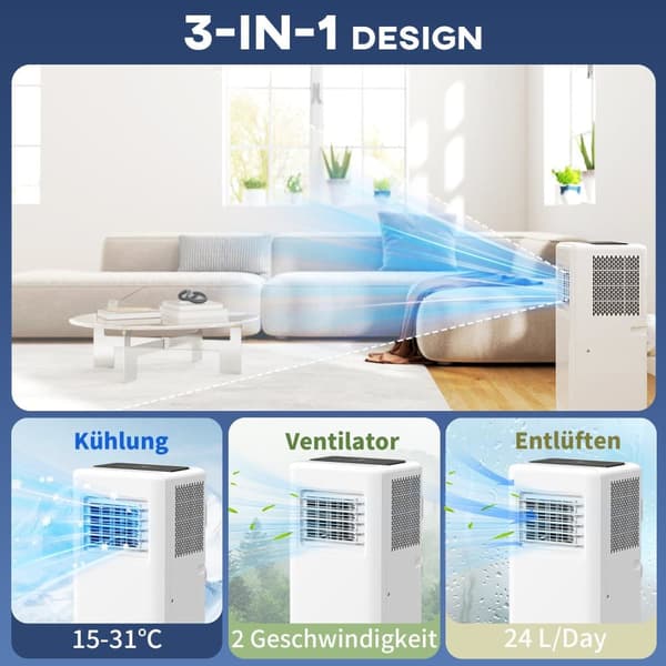 Luftkonditionering, Mobil 3-i-1, 33x28x71 cm, Vit