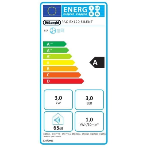 DELONGHI PAC EX120 mobil luftkonditionering - 3000 W - 11500 BTU - Avfuktning - Tyst - Energiklass A - Fjärrkontroll