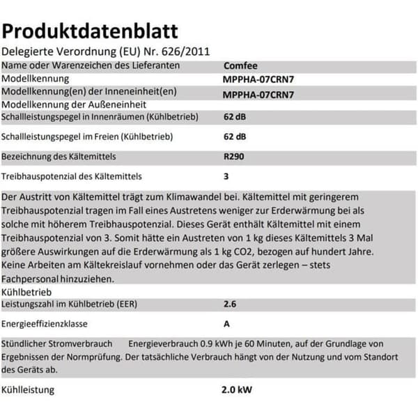 Mobil Klimaanläggning - Comfee - MPPHA-07CRN7 - 7000 BTU - 2 kW - Klass A