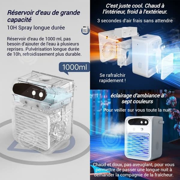 INN Mobil luftkonditionering 3 i 1 15,5x11x21cm 1000ml 9w med färgglada LED-lampor och Bluetooth-högtalare luftkonditioneringsfläkt