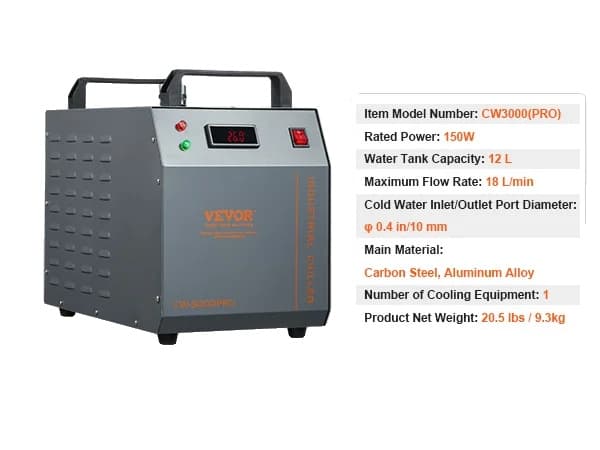 Industriell vattenkylare, 12L tank, hållbar konstruktion av kolstål,150 watt 18 liter per minut