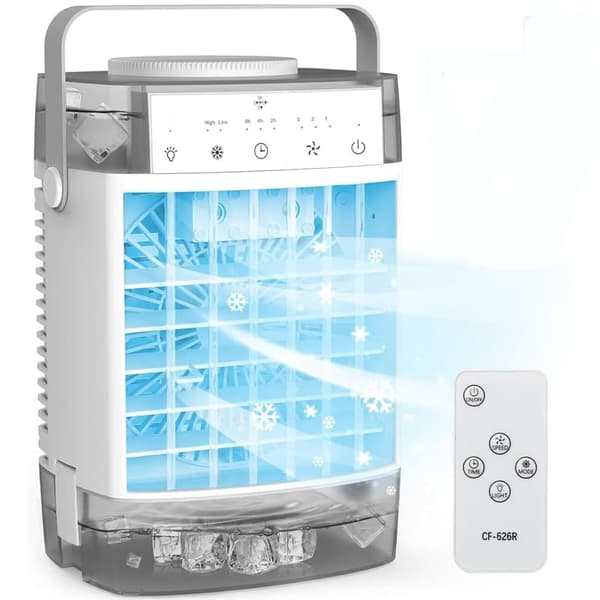 OBOSOE bærbar luftkøler – 1600 ml vandtank, 3 hastigheder, fjernbetjening og timer, 7 LED-lys