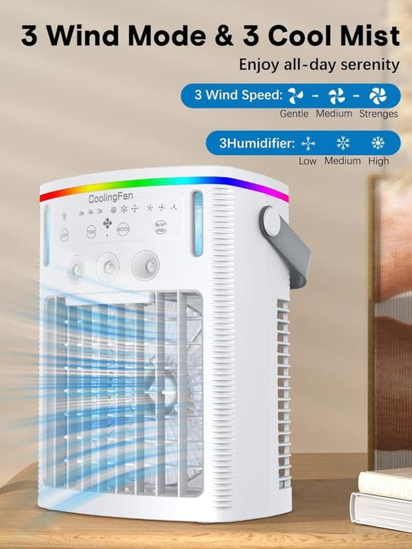 OBOSOE 4-i-1 Portabel Mini Luftkylare med Timer och USB-laddning,  Timer & 7-Färgs Nattlampa Luftkonditionering