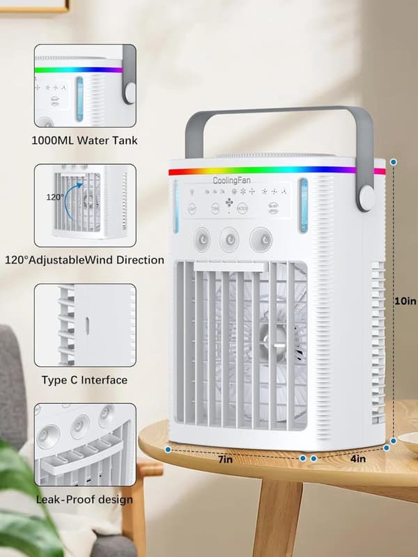 OBOSOE 4-i-1 Portabel Mini Luftkylare med Timer och USB-laddning,  Timer & 7-Färgs Nattlampa Luftkonditionering