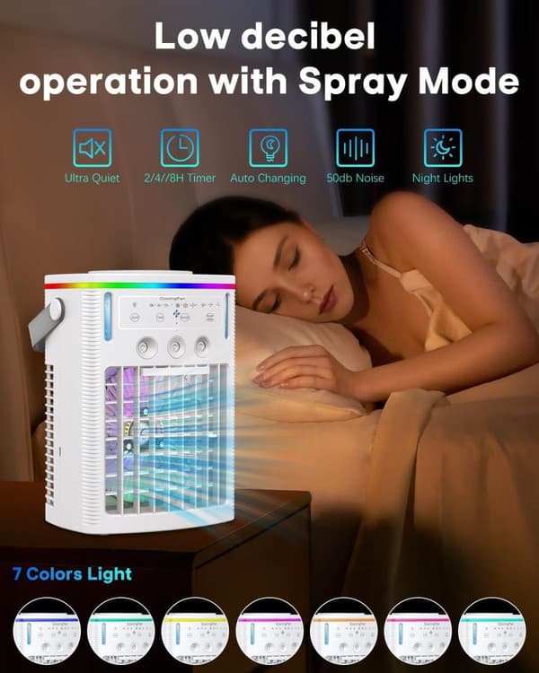 OBOSOE 4-i-1 Portabel Mini Luftkylare med Timer och USB-laddning, Timer & 7-Färgs Nattlampa Luftkonditionering