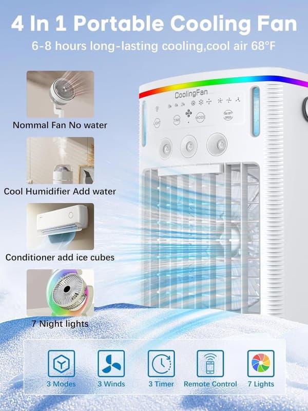 OBOSOE 4-i-1 Portabel Mini Luftkylare med Timer och USB-laddning, Timer & 7-Färgs Nattlampa Luftkonditionering