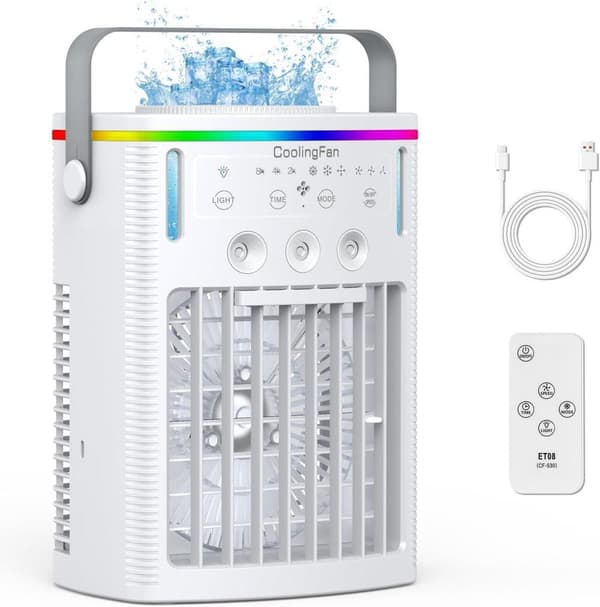 OBOSOE 4-i-1 Portabel Mini Luftkylare med Timer och USB-laddning,  Timer & 7-Färgs Nattlampa Luftkonditionering