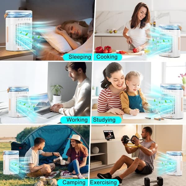 OBOSOE ilmanjäähdyttimen tuuletin 4-in-1 600 ml:n säiliöllä, 2 nopeudella ja LEDillä – Mini AC retkeilyyn ja toimistoon