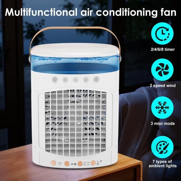 OBOSOE ilmanjäähdyttimen tuuletin 4-in-1 600 ml:n säiliöllä, 2 nopeudella ja LEDillä – Mini AC retkeilyyn ja toimistoon