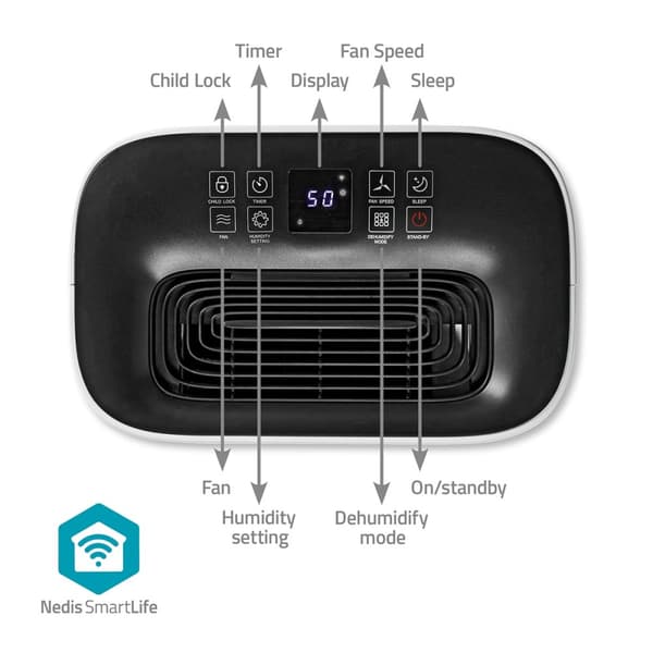 Nedis SmartLife Affugter | Wi-Fi | 20 l/Dag | Affugtning / Kontinuerlig / Tørt vasketøj / Ventilation | Android™ / IOS | Justerbar hygrostat | 195 m³/