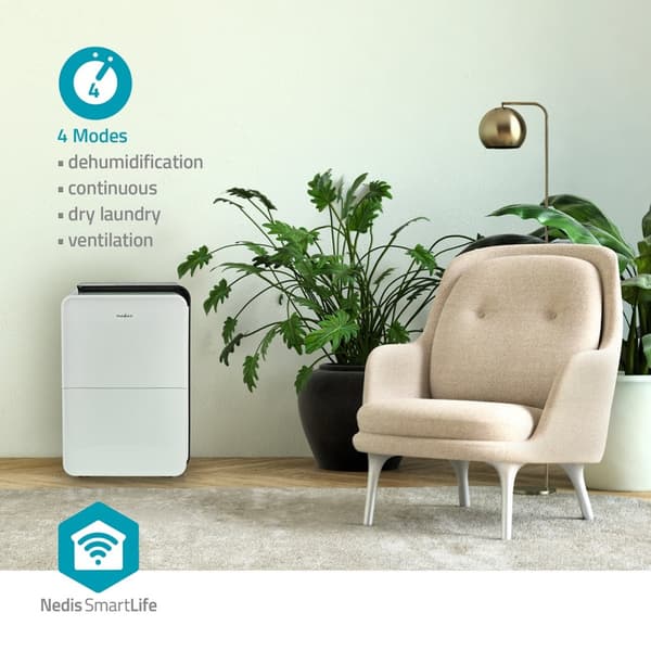 Nedis SmartLife Avfukter | Wi-Fi | 30 l/Døgn | Avfukting / Kontinuerlige / Tørr klesvask / Ventilasjon | Android™ / IOS | Justerbar hygrostat | 210 m³