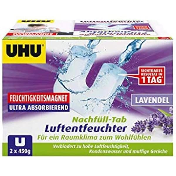 Fuktighetsmagnet påfyllningspack - UHU - Paket med 2 - Lavendel - 450 g - Snabb absorption