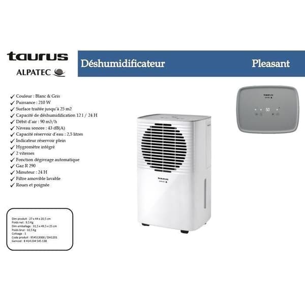 Taurus Alpatec Pleasant 210W avfuktare, 2 hastigheter, 12L/24h tank, för max yta 25 m², timer