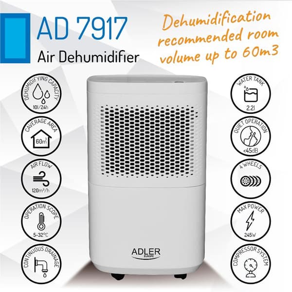 Avfuktare - Adler - AD 7917 - 10L/dag - Tyst - 200W - 60m3