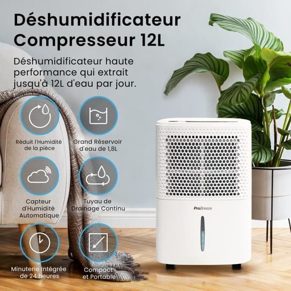 Pro Breeze Portable Avfuktare 12L/dag med 3 lägen, Digital Display, Kontinuerlig evakuering, Timer, Against Fuktighet