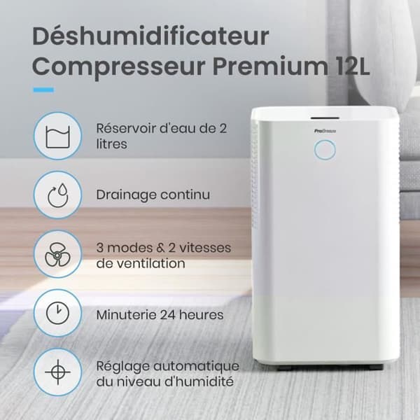 Pro Breeze 12L/Day kompressoravfuktare med automatisk fuktighetssensor, kontinuerlig dränering, nattläge och 24-timmarstimer