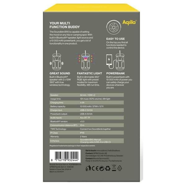 LED-lampa med högtalare - Aqiila - Soundbird B10 - 10 000 mAh - Bluetooth - RGB