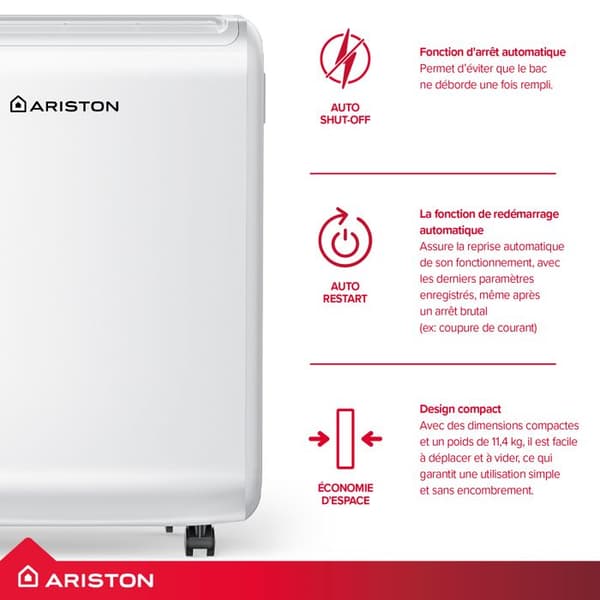 Ariston, Bärbar Avfuktare 10L, Deos 10 ARISTON, Elektronisk Fuktighetskontroll, Tyst