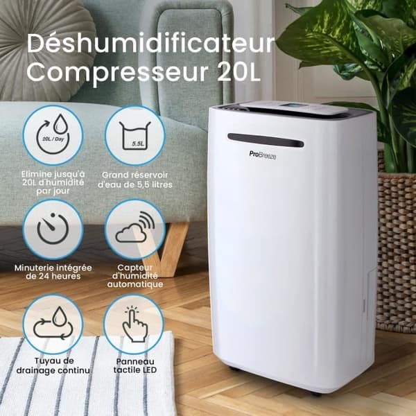 Pro Breeze 20L bärbar avfuktare för rum upp till 30m² 4 lägen, LED-skärm, kontinuerlig dränering, torktumlare, timer