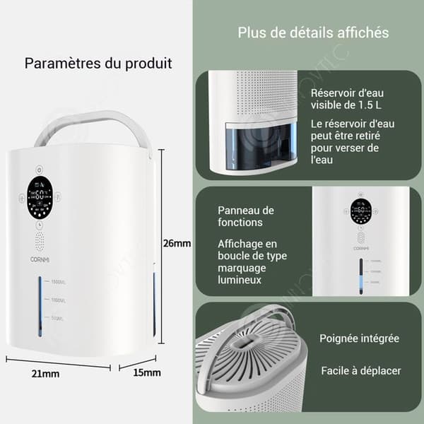 INN Avfuktare 21x15x26cm 1500ml med LCD-skärm, 4 timer, intelligent detektion, transparent vattentank, mångsidig