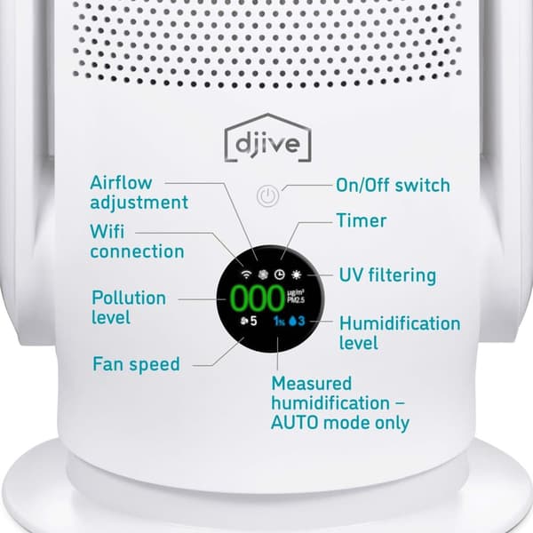 djive ARC Humidifier 2in1 luftfugter, luftrenser og støjsvag ventilator, HEPA 14