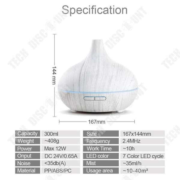 TD® Wood Grain Aroma Diffuser, Lågbrus, Ultraljud, Eterisk Oil Atomizer, Luftfuktare, 300ML