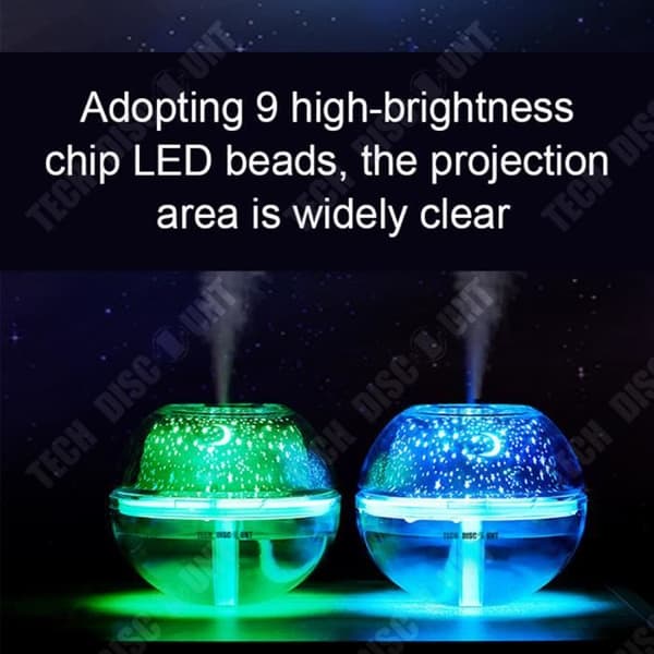TD® Diffuser, Luftfuktare - Crystal Night Light Projector WT-A99 2W - 500 ml DC 5V - Tyst