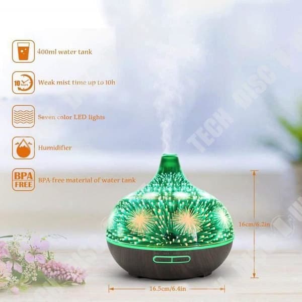 TD® Essential Oils Diffuser 400ML, 3D Glas Luftfuktare Ultrasonic Aroma Diffuser 7 Color LED for Home...
