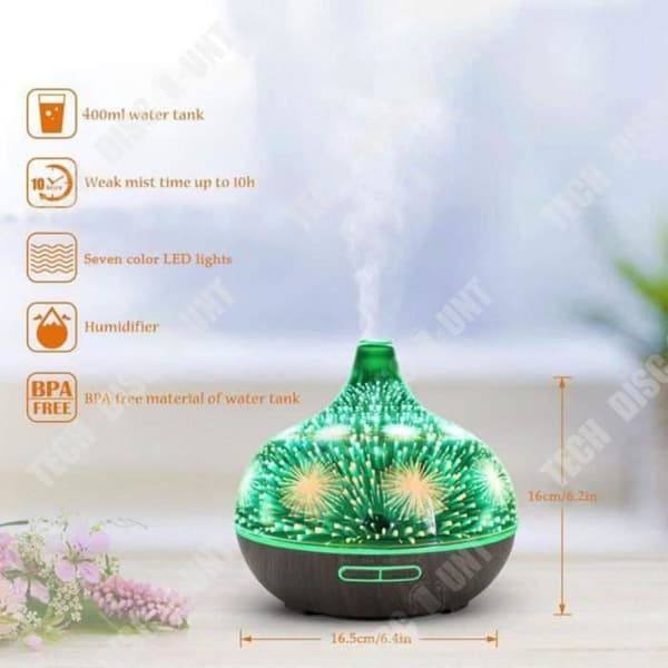 TD® Essential Oils Diffuser 400ML, 3D Glas Luftfuktare Ultrasonic Aroma Diffuser 7 Color LED for Home...