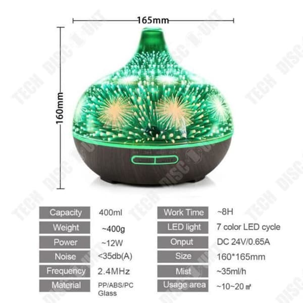 TD® Essential Oils Diffuser 400ML, 3D Glas Luftfuktare Ultrasonic Aroma Diffuser 7 Color LED for Home...