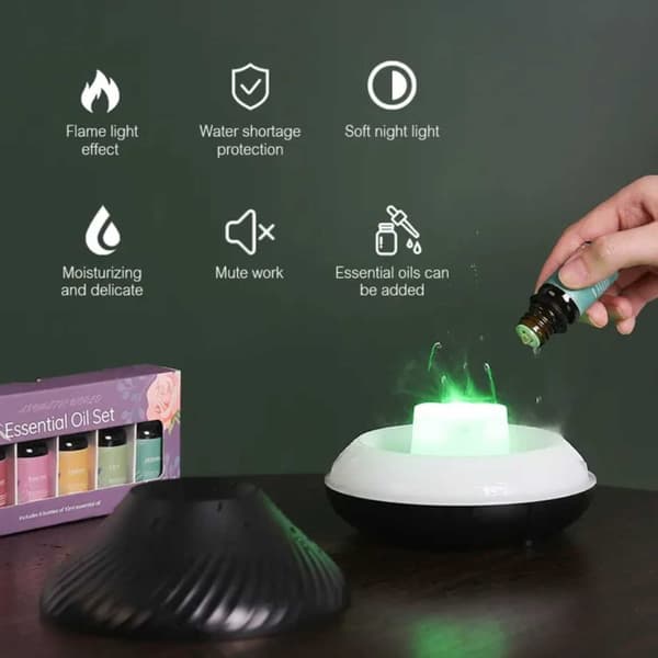 Flammande Aroma Diffuser | 3 Eteriska Oljor | RGB Luftfuktare