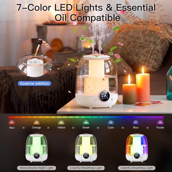 OBOSOE Luftfuktare 3L med tyst dimma – Smart timer, dubbla munstycken, LED-ljus – Perfekt för sovrum och barnrum