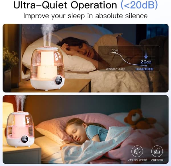 OBOSOE Luftfuktare 3L med tyst dimma – Smart timer, dubbla munstycken, LED-ljus – Perfekt för sovrum och barnrum