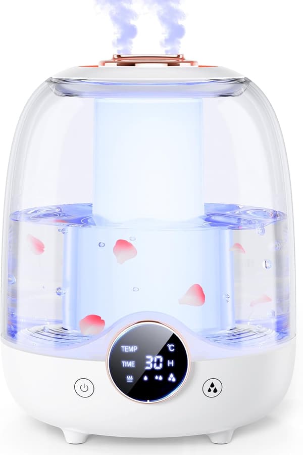 OBOSOE Luftfuktare 3L med tyst dimma – Smart timer, dubbla munstycken, LED-ljus – Perfekt för sovrum och barnrum Vit