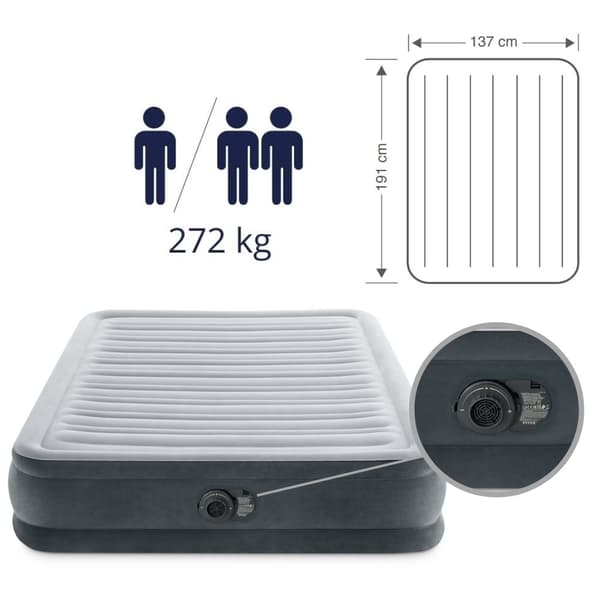 Intex Comfort Pehmo - Ilmasänky - 2 hengelle - Sisältää sisäänrakennetun moottoripumpun ja kantolaukun - 203x152x33 cm - PVC - Vaaleanharmaa