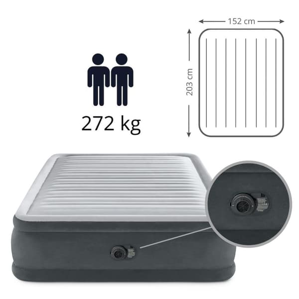 Intex Comfort Plush Elevated - Airbed - 2 Personer - Inklusiv indbygget motorpumpe og reparationssæt - 203x152x46 cm - PVC - Lysegrå