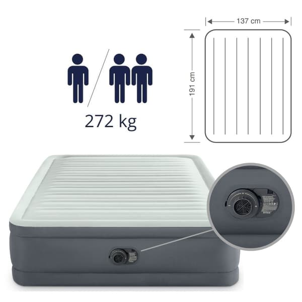 Intex PremAire I - Airbed - Dobbeltseng - Inklusiv indbygget elektrisk pumpe, bæretaske og reparationssæt - 191x137x46 cm - PVC - Grå