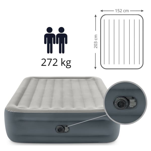 Intex Essential Rest - Airbed - 2 Personer - Inklusiv indbygget elektrisk pumpe, bæretaske og reparationssæt - 203x152x46 cm - PVC - Lysegrå