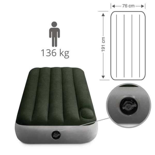 Intex Downy - Airbed - 1 person - Kompakt - Inklusiv indbygget fodpumpe og reparationssæt - 191x76x25 cm - PVC - Grøn